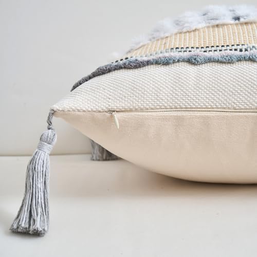 Chenille Striped Textured Boho Throw Pillow Covers Aesthetic with Tassels Woven Decorative Pillow Case for Couch Bed Sofa Bedroom Modern Funky (Grey, 18" x 18" (Pack of 2)) - Image 6