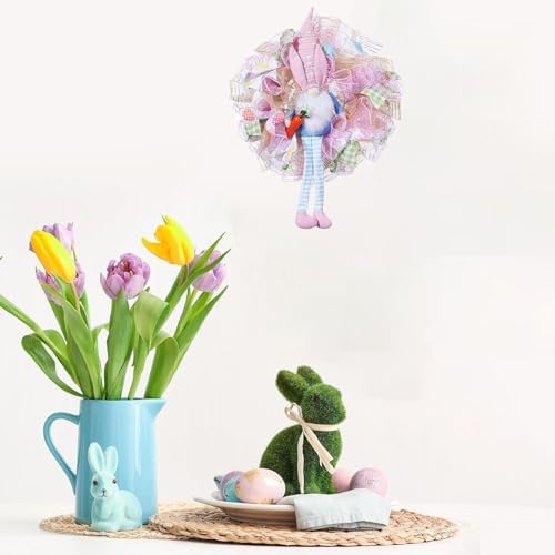 Easter Wreaths for Front Door with Lights,Easter Door Wreath,Easter Mesh Wreath,Bunny Spring Colorful Easter Decorations Holiday Ornament for Home Indoor Outdoor Supplies (Pink Long Leg) - Image 3