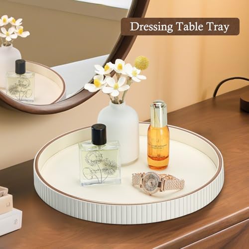 GORESE 12" Round Decorative Serving Tray for Coffee Table, PU Leather Compact Table Tray for Home Decor, Nightstand Valet Tray for Jewelry, Perfume & Keys, Cream White - Image 5