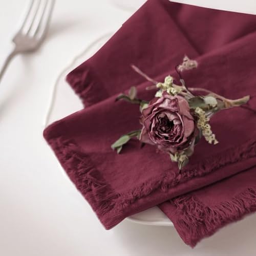 Handmade Cloth Napkins 100% Cotton Napkins with Fringe，Delicate Handmade Cloth Napkins for Dinners, Parties, Weddings and More，18 x 18 Inch Set of 12 - Burgundy - Image 2
