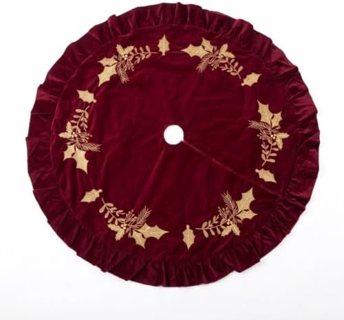 Christmas Tree Skirt, 72 Inches, Gold Embroidered Holly Style, Red - Image 5