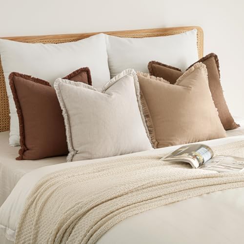 MIULEE Fall Linen Fringe Pillow Covers Set of 4 20x20 Beige/Brown - Image 5