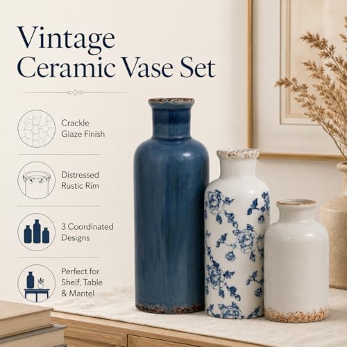 Blue Vintage Vase Set of 3, Flower Decorative Vase Ceramic Vase Set - Image 3