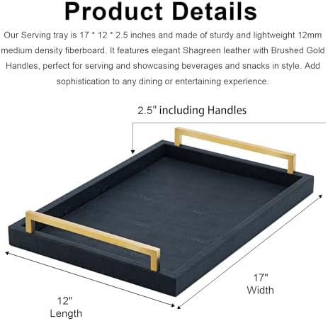 XIGEXIGE Black Faux Leather Serving Tray, 17x12 inches, Brushed Gold Handles, Decorative Tray for Ottoman Coffee Table, Living Room, Kitchen, Bathroom - Image 4