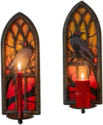 Gothic Wall Candle Sconces Set of 2, Wrought Iron Crow Wall Mounted Candelabra Holder with Removable Trays for Taper & Pillar Candles, Medieval Cathedral Window Design, Dark Academia Decor by AimtoHome