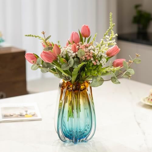 Hand Blown Glass Flower vases, Unique Glass vases, Wide Mouth vases, Small Modern Art Deco Glass vases for Home Living Room, Office, Table centerpieces, Bookshelves and Wedding Decorations - Image 2