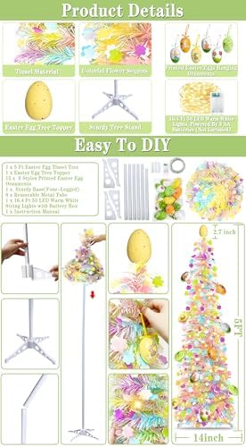 Timer - Easter Decorations, 5Ft Lighted Easter Tree with 50 LED Warm White Lights 12 Colorful Eggs Ornaments Battery Operated Easter Egg Tree Pop Up Tinsel Collapsible Tree for Home Porch Office Party - Image 3