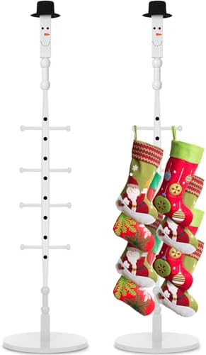 Shellwei 60 Inch Christmas Wooden Freestanding Stocking Holder with Santa Claus Snowman Hat and Hanger Stickers Xmas Stocking Stand with 8 Removable Hooks Floor Holiday Decor(Snowman) by Shellwei