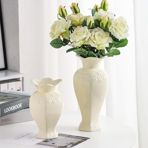 Relievo Elegant White Cream 8in 11in Ceramic Flower Tall Aesthetic Beige Table Tulip Wide Mouth Rose Filler Decorative Rustic Vase Decor for Home (Cream Vase, L) - Image 4