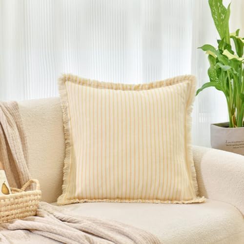 ZWJD Throw Pillow Covers 18x18 Set of 2 Striped Pillow Covers with Fringe Chic Cotton Decorative Pillows Square Cushion Covers for Sofa Couch Bed Living Room Farmhouse Decor, (Yellow) - Image 2