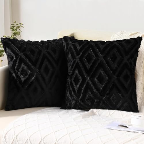 Pallene Fall Black Faux Fur Throw Pillow Covers 18x18 Set of 2 by PALLENE