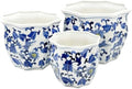 Galt International Blue & White w/Yellow Accent Round Fluted Floral Porcelain Ceramic Plant Flower Planter Pot Set of 3 (7.5", 10", 13") Garden Pots Chinese Asian Design by GaltInternational