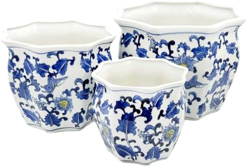 Galt International Blue & White w/Yellow Accent Round Fluted Floral Porcelain Ceramic Plant Flower Planter Pot Set of 3 (7.5", 10", 13") Garden Pots Chinese Asian Design by GaltInternational