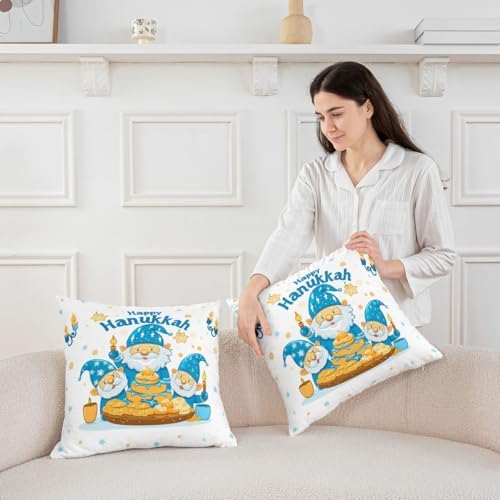 Erosebridal Cute Gnome Throw Pillow Covers 24X24 Set of 2 for Couch Bed Sofa Decor, Happy Hanukkah Pillow Covers, Blue-Gold Menorah Star Print Decorative Cushion Cases - Image 3
