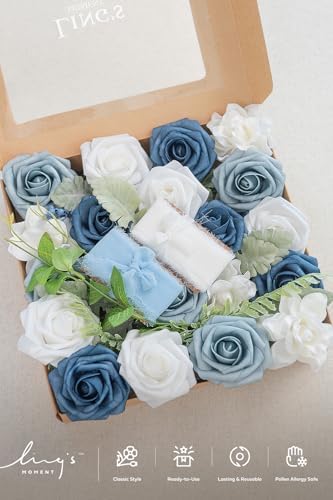Ling's moment Fake Flowers Box, Dusty Blue & Navy & White Grand Combo - Image 5