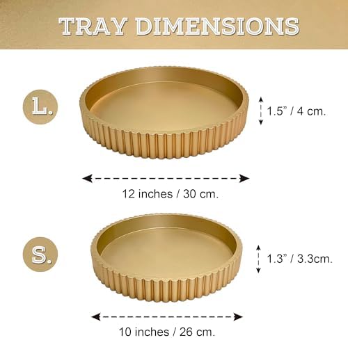 Modern Table Round Decorative Trays 2pcs Home Decor - Circle Coffee Table Centerpiece Set 12"/10" - Wooden Golden Ottoman Tray with Fluted Edge - Image 4