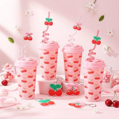 24 Sets Cherry Bow Plastic Cups 16 oz Reusable Cherry Cups with Lid and Straw Keychains for Women Birthday Wedding Baby Shower Party Supplies - Image 6