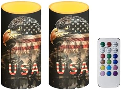Flameless Candles LED American Flag Decorative Candles Eagle Flag Battery Operated Ornage Flickering Candles with 18-Key Remote Timer Pillar for Home Living Room Party Table Decorations - Image 2