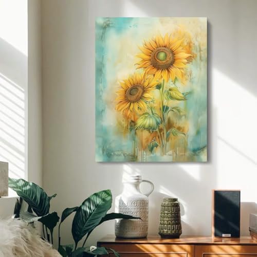 Zeredi Sunflowers Canvas Wall Art Prints, Vintage Impressionist Yellow Flowers Painting Wall Decor, Vintage Watercolor Style Artwork for Living Room Bedroom Framed Ready to Hang 12"x16" Set of 3 - Image 3