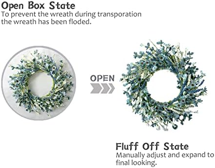 22 Inch Spring Wreath Blue with Green Leaves Wreaths Blue Daisy Artificial Grains White Flower Wreath for Front Door Wreaths, Summer Farmhouse Decor Indoor&Outdoor Wedding Wall Home - Image 3