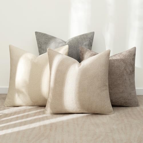 MIULEE Decorative Chenille Pillow Covers Neutral Beige 20x20 Pack of 4 - Image 3