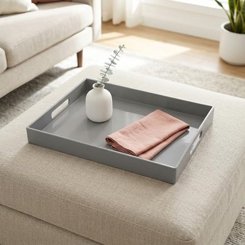 Grey Decorative Tray, Rectangular Large Serving Tray with Handles, Plastic Coffee Table Tray for Ottoman, Living Room, Kitchen Tabletop, 15.7” x 11.8” x1.6” - Image 7