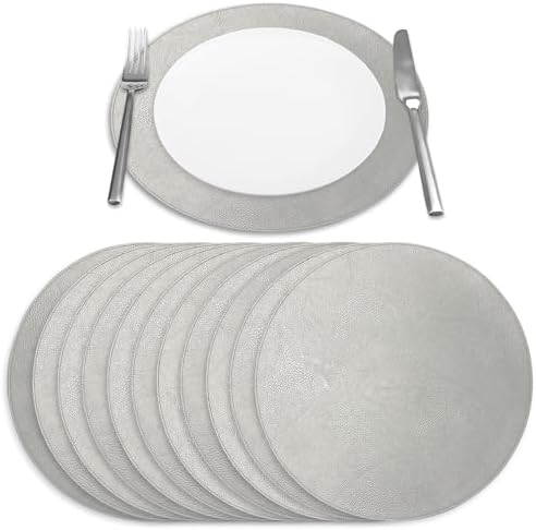 Morgan Faux Leather Round Set of 12 Placemats, 15", Silver, Heat Resistant, Stain Resistant, Non-Slip, Reversible, Durable Table Mats for Kitchen, Dining Table, Indoor Washable Use by Homewear