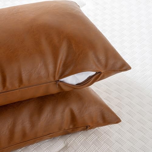 Fancy Homi Brown Boho Long Lumbar Faux Leather Body Decorative Throw Pillow Cover 14x40 Inch for Bedroom Couch Bed Sofa Bench, Thick Stylish Solid Square PillowCase, Rustic Modern Farmhouse Room Decor - Image 3