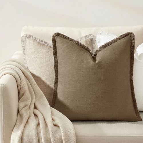 decorUhome Linen Fringe Light Brown Throw Pillow Covers 24x24 Set of 2 - Image 4