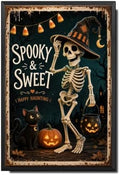 Vintage Metal Tin Sign Halloween Skeleton Witch Black Cat Pumpkin Vintage Wall Art for Porch Bar 6×8 Inches with Metal Frame by Unknown