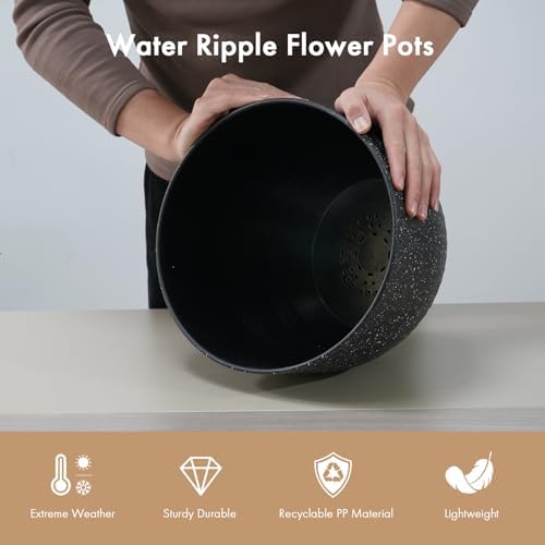 WSMKSZ 12 Inch Wide Water Ripples Flower Pots for Indoor or Outdoor Plants, Large Plant Pots with Drainage Holes & Saucer, Plastic Planters Set for Garden & Home Decor (Black with White Speckles) - Image 4