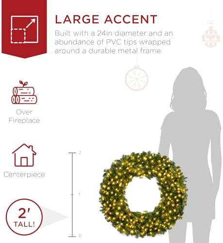 Best Choice Products 24in Large Artificial Pre-Lit Fir Christmas Wreath Holiday Accent Decoration w/ 50 LED Lights, 100 PVC Tips - Image 4