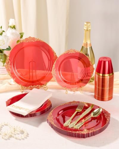 Bestluck 350PCS Clear Red Plastic Plates for 50 Guests - Image 5
