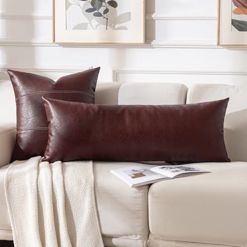 Fancy Homi Burgundy Boho Long Lumbar Faux Leather Body Decorative Throw Pillow Cover 14x36 Inch for Bed Couch Sofa Bench, Thick Stylish Solid Wine Red Pillowcase, Rustic Modern Farmhouse Room Decor - Image 5