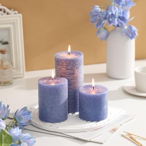 3x6 Inch Blue Pillar Candles Set of 3 - Hand-Poured Unscented Candles, Long Clean Burning, Large Big Candle, Smokeless Dripless Candle for Dinner Table, Wedding, Home, Bathroom, Rustic Decor - Image 2