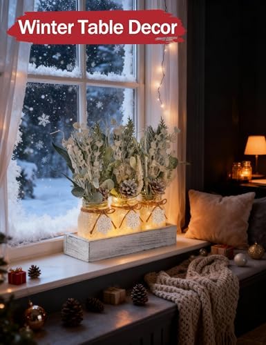 Winter Centerpieces for Tables, Table Decor with Mason Jar, Flowers Picks, Farmhouse Wood Tray, Snowflake Sign, 22 Pcs Christmas Winter White Wonderland Table Decorations Centerpieces for Home - Image 4