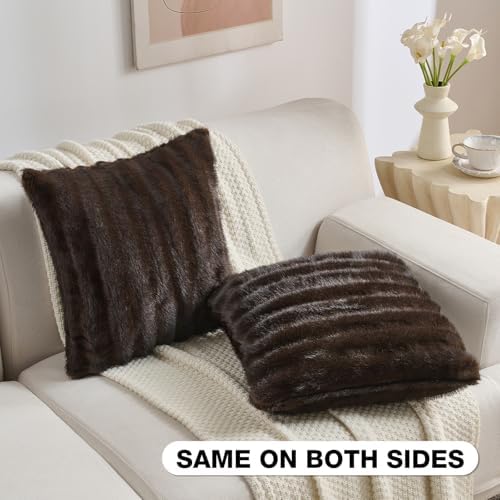 FUTEI Pack of 2 Faux Mink Fur Throw Pillow Covers 26x26 Inch, Dark Coffee - Image 4