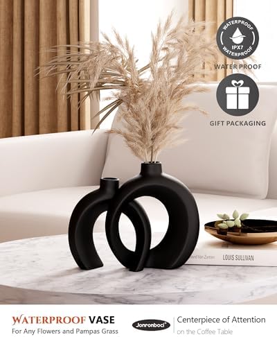 Round Donut Vase Set of 2 - Minimalist Nordic Modern Ceramic Decorative Black Vases For Home Office Book Shelf,Table Decor for Living Room,Coffee,Tv Stand Entry Console Mantle Decoration (Matte Black) - Image 5