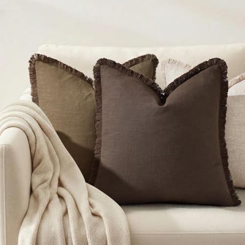 decorUhome Linen Fringe Chocolate Throw Pillow Covers 16x16 Set of 2 - Image 6
