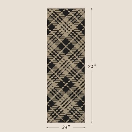 Easy Jute 2x6 Outdoor Runner Rug, Black & Beige Diagonal Plaid, Washable - Image 2