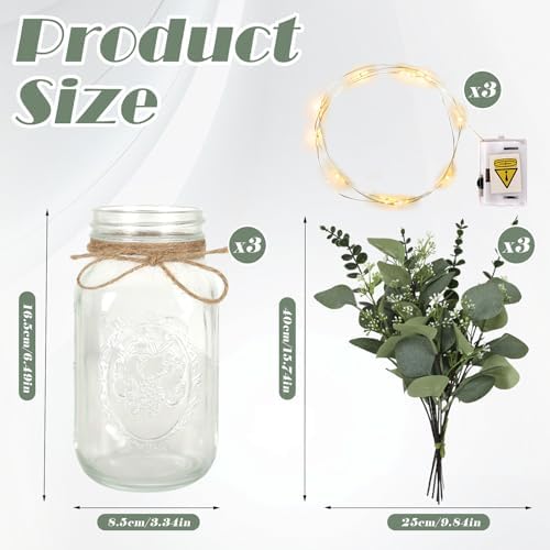 Set of 3 Mason Jar Lights, Plant Decorative Jars Vase Holiday Table Decor - Image 3