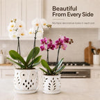 Set of 2 White Beige Vintage Owl and Leaves 4.5 + 6 Inch Orchid Pots with Holes, Premium Stoneware Ceramic Orchid Planters for Repotting with Drainage Holes - Image 3
