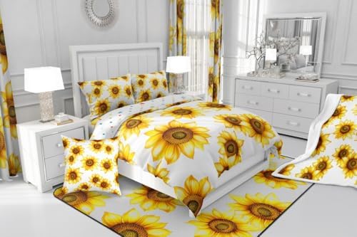 Sunflower Queen Size Bedding Set 3D Floral Botanical Comforter Set Yellow Flowers Bedding Comforter Sets Pastoral Sunflower Decor For Home Quilt Stylish Garden Theme Bedding With 2 Pillowcases, White - Image 7