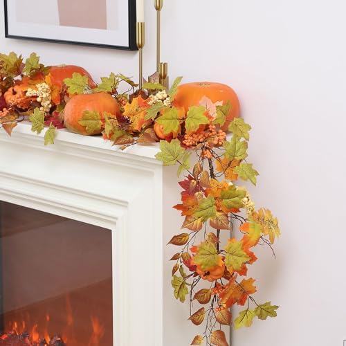 MIZII Fall Decor Artificial Maples Leaf Pumpkin Garland 6FT Autumn Maple Vines Garland Thanksgiving Halloween Harvest Decorations for Home Porch Mantle Fireplace Farmhouse Outdoor Indoor (6FT,Maple) - Image 5