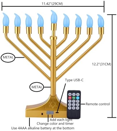 Electric Hanukkah Menorah,RGB Led Menorahs for Chanukah Decoration,Color Changing with Remote Control & Push-Button to Choose The Day and Timer Options Battery/USB Powered,Gold - Image 2