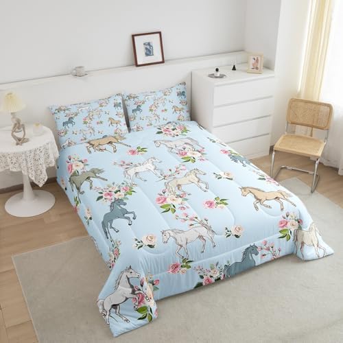 Erosebridal Horse Quilt King Size, Farmhouse Western Cowboy Cowgirls Duvet Insert for Kids Boys Girls Teens, Cartoon Kawaii Horse Bedding Set, Rustic Rose Floral Comforter Set + 2 Pillow Cases - Image 4