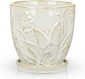 Hollyone 6 Inch White Ceramic Planter Flower Plant Pot with Drainage Hole and Saucer for Plants Embossed Indoor Outdoor Garden Embossed Ceramic Glazed Round Pot Large Butterfly Pattern by Hollyone