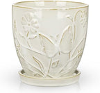 Hollyone 6 Inch White Ceramic Planter Flower Plant Pot with Drainage Hole and Saucer for Plants Embossed Indoor Outdoor Garden Embossed Ceramic Glazed Round Pot Large Butterfly Pattern by Hollyone