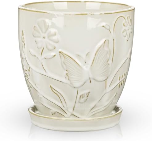Hollyone 6 Inch White Ceramic Planter Flower Plant Pot with Drainage Hole and Saucer for Plants Embossed Indoor Outdoor Garden Embossed Ceramic Glazed Round Pot Large Butterfly Pattern by Hollyone