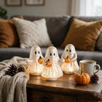 Set of 3 Illuminated Mercury Glass Ghosts, LED Halloween Ghost Decorations with Pumpkins, Cute Ghost Figurines Warm Light Tabletop Ornaments for Mantel Shelf, Fall Party Home Decor - Image 4